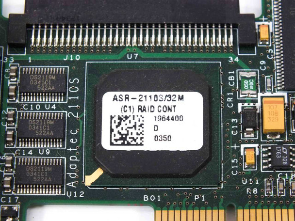 Adaptec ASR-2110S/32M close-up of label showing model number, part number 1964400, revision D, and date code 0350