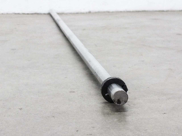 Thomson RoundRail 78" linear guide rod — close-up of end with black clamp-style collar and machined tip with center-drilled hole