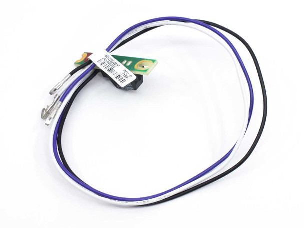 Zebra 401220G-001P LED sensor board with wire harness coiled – angled view showing barcode label on PCB