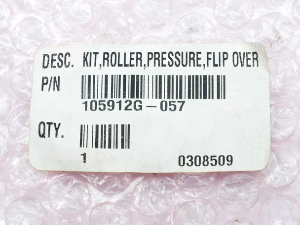 Zebra 105912G-057 OEM part label showing description 'Kit, Roller, Pressure, Flip Over' and part number barcode