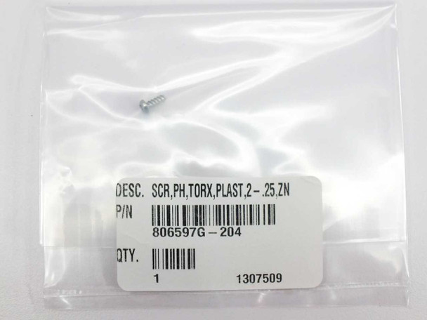 Zebra encoder kit component — Phillips Torx plastic screw 2-.25 ZN, P/N 806597G-204, qty 1, in sealed bag