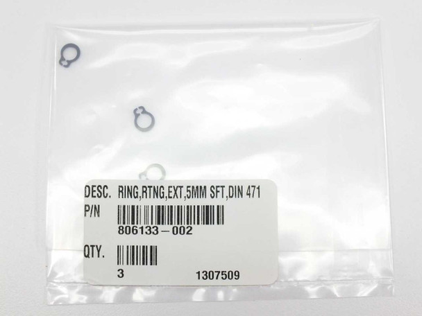 Zebra encoder kit component — external retaining rings 5mm DIN 471, P/N 806133-002, qty 3, in sealed bag