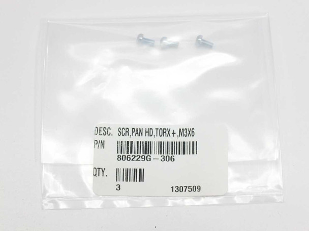Zebra encoder kit component — pan head Torx+ M3x6 screws, P/N 806229G-306, qty 3, in sealed bag