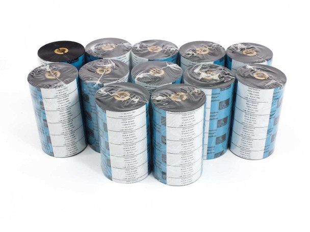 Zebra I11 CSO 110mm x 350m black thermal transfer ribbon — case of 12 rolls shown from above, all individually wrapped