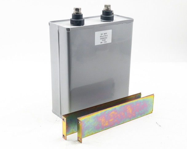 TOEI 08-Y21 3500VDC capacitor – three-quarter view with both zinc-chromate mounting brackets removed and displayed in front