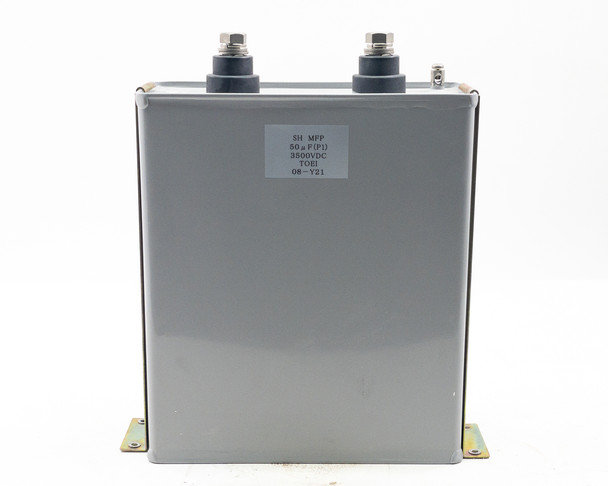 TOEI 08-Y21 SH MFP 3500VDC 50uF capacitor – straight-on front view showing label clearly with stud terminals on top