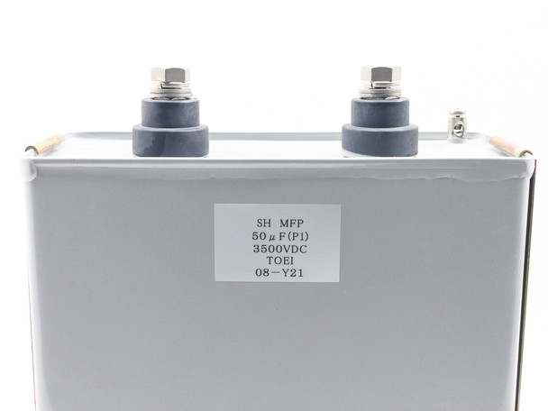 TOEI 08-Y21 capacitor – close-up of label showing SH MFP, 50µF(P1), 3500VDC, TOEI, 08-Y21 markings