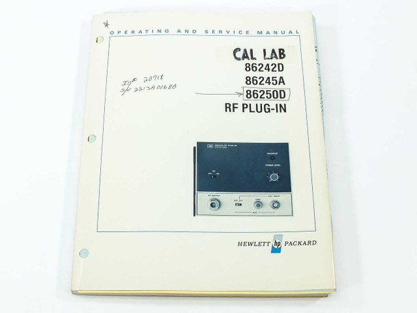 HP 86242D 86245A 86250D RF Plug-In Operating and Service Manual — front cover showing Cal Lab title and Hewlett-Packard branding with handwritten inventory notes