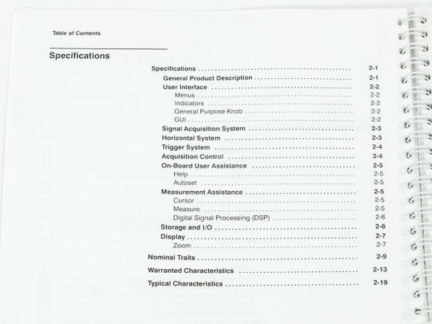 Tektronix 070-8717-02 Performance Verification manual – Table of Contents page showing Specifications section including signal acquisition, trigger, and display subsections