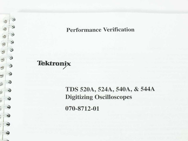 Interior title page of Tektronix TDS 520A 524A 540A 544A 070-8712-01 Performance Verification manual showing Tektronix logo and model list