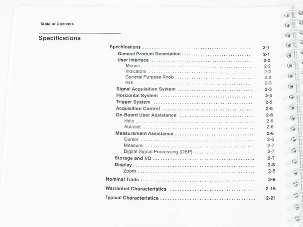 Specifications section table of contents page of Tektronix 070-8712-01 manual listing Warranted and Typical Characteristics chapters