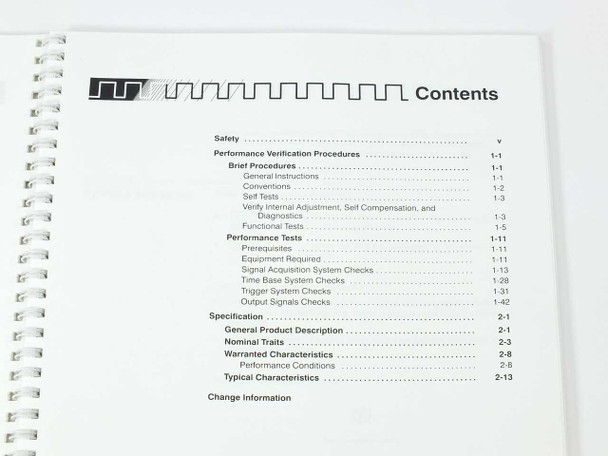 Tektronix TDS 520 540 Performance Verification Manual – table of contents page showing performance verification procedures, performance tests, and specifications sections