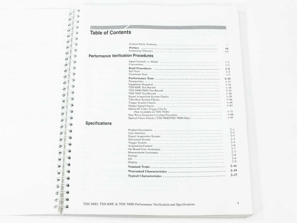 Tektronix TDS 500D 600C 700D Technical Reference — Table of Contents showing Performance Verification Procedures and Specifications sections