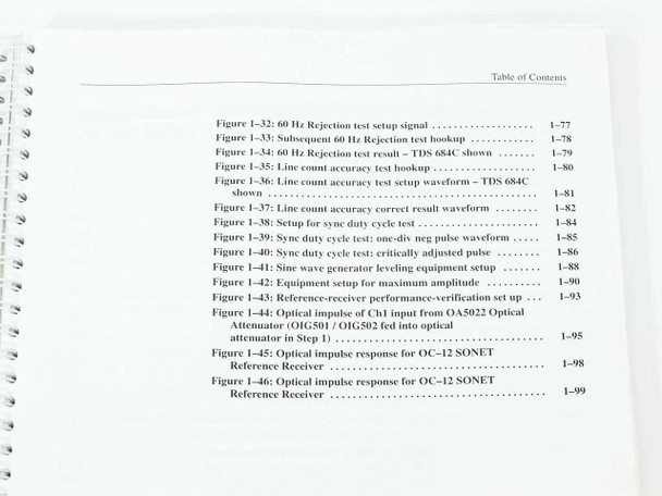 Tektronix TDS 500D 600C 700D Technical Reference — continuation of List of Figures including optical receiver and SONET test procedures