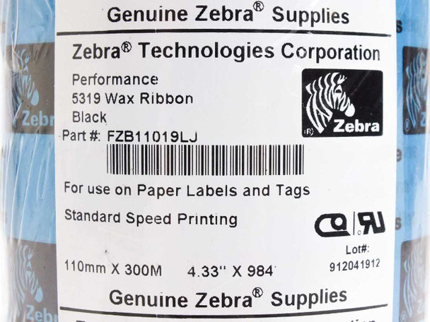 Zebra 5319 wax ribbon label closeup showing FZB11019LJ part number, Black, 110mm x 300M, for paper labels and tags, standard speed printing, lot 912041912
