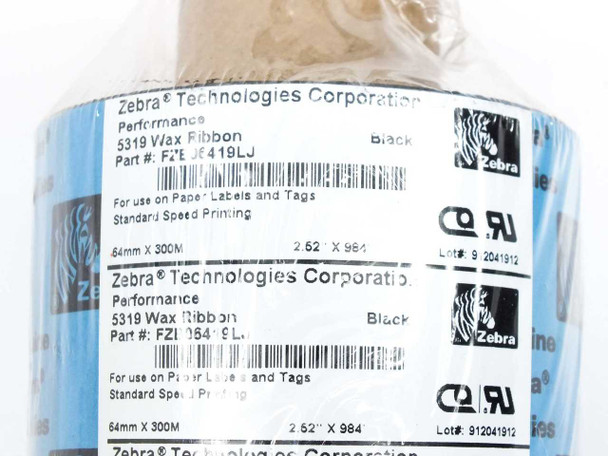 Zebra 5319 FZB06419LJ Performance Wax Ribbon close-up label showing part number, 64mm x 300m, 2.52" x 984' specs