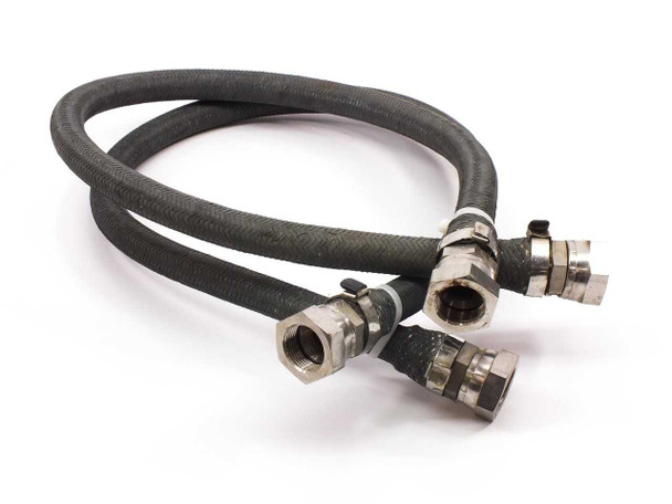 Pair of 36-inch stainless steel braided compressor discharge hoses with JIC female NPT fittings coiled together