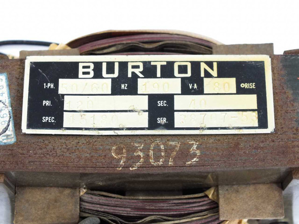 Burton 15180 transformer rating plate closeup — shows 1-PH, 60Hz, 80VA, PRI 120V, SEC 10-40V, serial number 93073