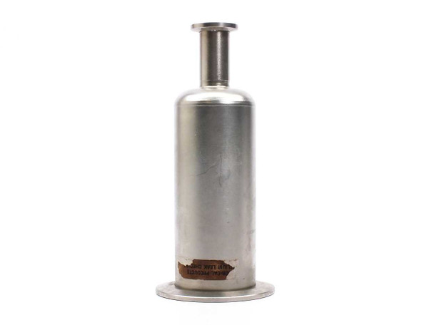 Aluminum in-line vacuum filter housing — opposite side view showing a partially legible worn paper label on lower body, large KF flange base, and 30mm upper outlet port