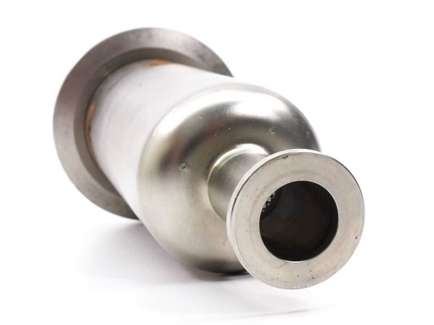 Aluminum in-line vacuum filter housing — angled top-down view into the 30mm upper port opening showing the hollow bore, with KF flange base and cylindrical body visible