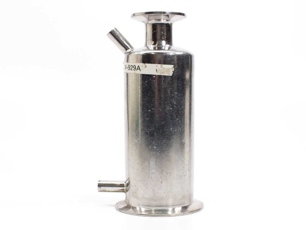 Stainless steel in-line filter housing — opposite three-quarter view showing partial label sticker reading '-929A' and lower threaded side port