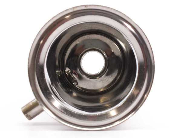 Top-down view of the tri-clamp base flange of the stainless steel in-line filter housing showing center bore and side port stub