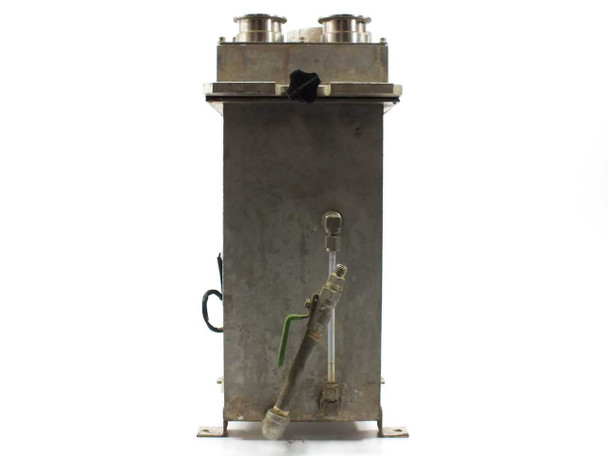Side profile of aluminum vacuum chamber showing sight glass tube, green shut-off valve, and floor-mount feet