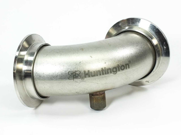 Huntington stainless steel 90-degree DN50KF vacuum radius elbow with 1/8 inch NPT feedthrough port stub visible on body — side profile view showing Huntington logo