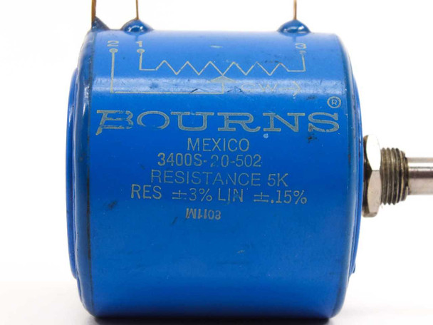Bourns 3400S-20-502 potentiometer – close-up of label reading RESISTANCE 5K, RES ±3% LIN ±.15%, Made in Mexico