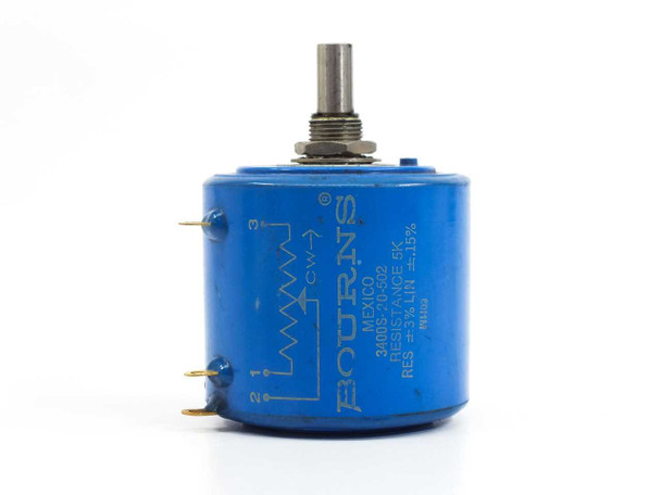Bourns 3400S-20-502 precision potentiometer – angled front/side view showing shaft, three gold terminal pins, and printed label