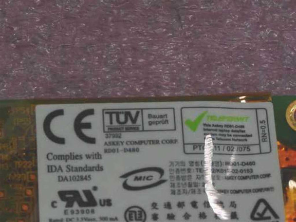 Conexant RD01-D480 Mini PCI modem card – close-up of compliance label showing RD01-D480 model, DC 3.3V 300mA rating, TUV Bauart certification, and Made in Taiwan marking