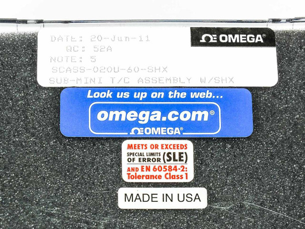 Omega SCASS-020U-60-SHX label on case lid showing model, date 20-Jun-11, QC 52A, SLE and EN 60584-2 Tolerance Class 1 certifications, Made in USA
