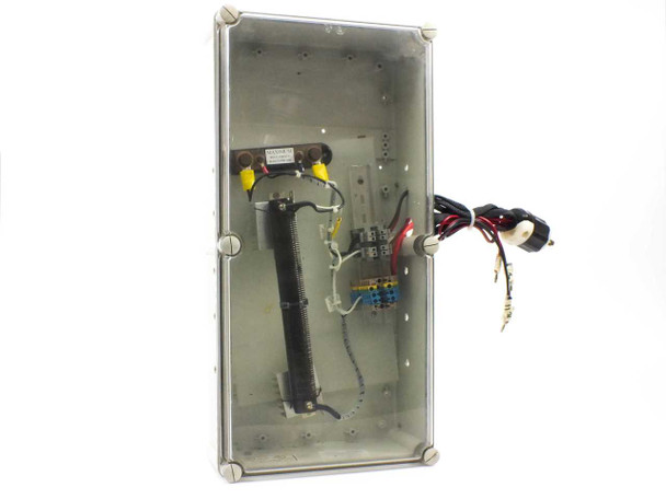 Solar panel load tester enclosure open view showing Ohmite 225W resistor, wiring harness, and NEMA twist-lock plug
