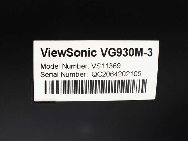 ViewSonic VG930M-3 monitor label closeup showing model number VS11369 and serial number barcode