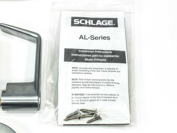 Schlage AL-Series installation instructions sheet with multilingual text and bag of mounting screws
