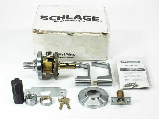 Schlage AL53PD SAT 626 cylindrical entrance lock full kit with original Schlage box, lever handles, chassis, latch, rose, keys, and hardware