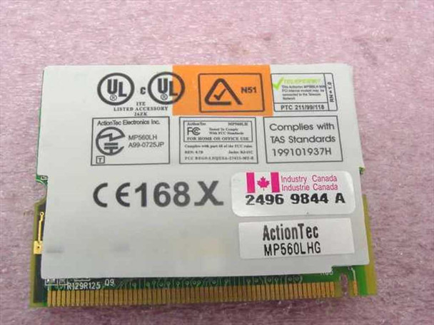 ActionTec MP560LHG Mini PCI modem card — component side showing UL, FCC, CE168X, and Industry Canada certifications and MP560LHG model label