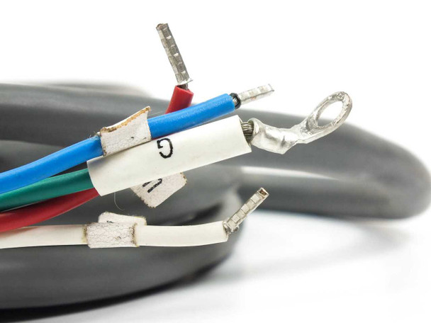 Bare wire leads end of Yaskawa B4ICE-03A servo cable showing labeled conductors with spade and ring terminals