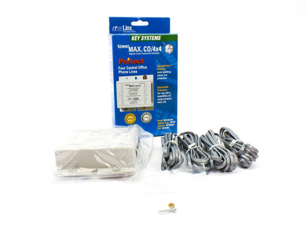 ITW Linx MCO4X4-60 towerMAX CO/4x4 surge protector — retail box, unit sealed in plastic, and four bundled phone cables with mounting hardware