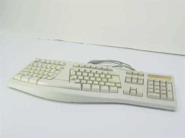 Microsoft F-21K Soft Key ergonomic keyboard — top-left angled view showing split key layout and PS/2 cable