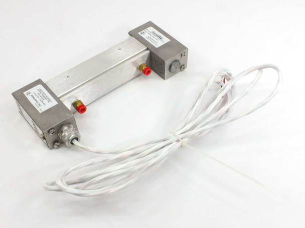 Research Inc StripIR infrared heating lamp housing side view showing red water fittings and white power lead