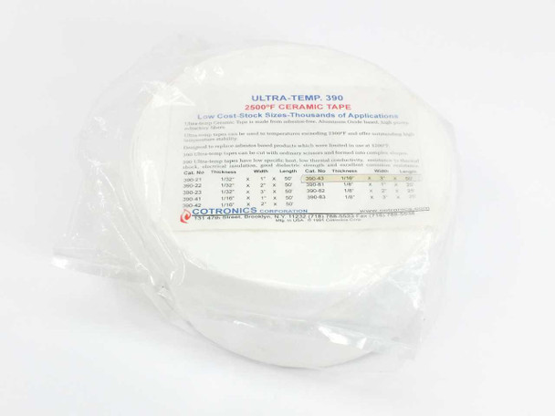 Cotronics Ultra-Temp 390 ceramic tape roll Cat. No. 390-43 in plastic packaging with product label visible