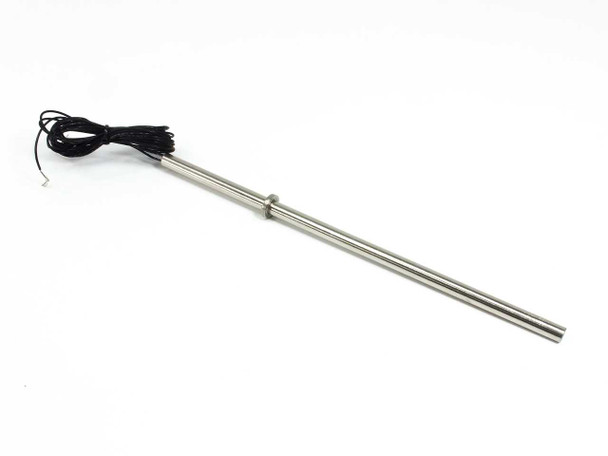 Watlow G11E-14328 FIREROD cartridge insertion heater full length view with black lead wires coiled at hilt