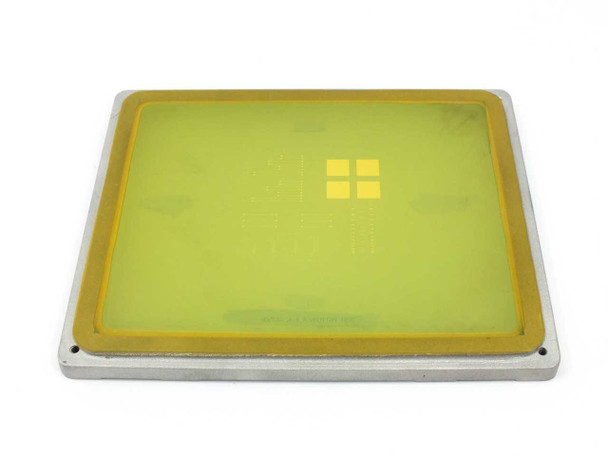 MicroScreen DC8X10 aluminum silk screen printing frame with yellow-green mesh screen, top view showing model DC8X10 embossed on frame