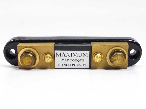 Simpson Electric 06704 shunt front view showing brass terminal bolts and 'Maximum Bolt Torque 50 Inch Pounds' label on black housing