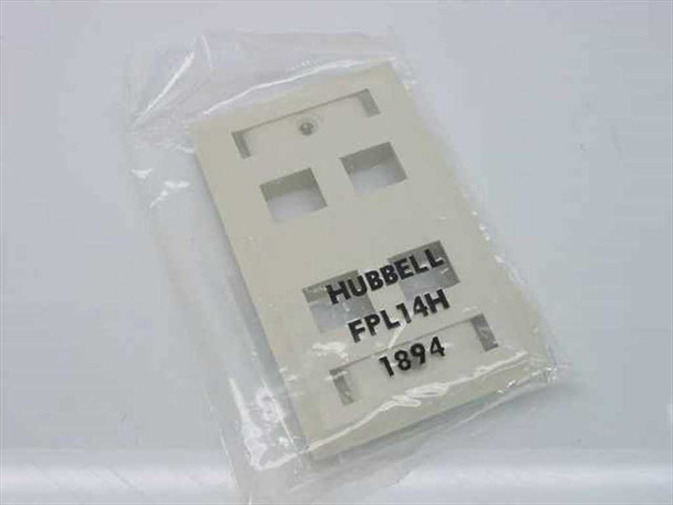 Hubbell FPL14H 4-port flush wall plate with label fields in original sealed bag, front view showing four keystone jack openings and printed model label