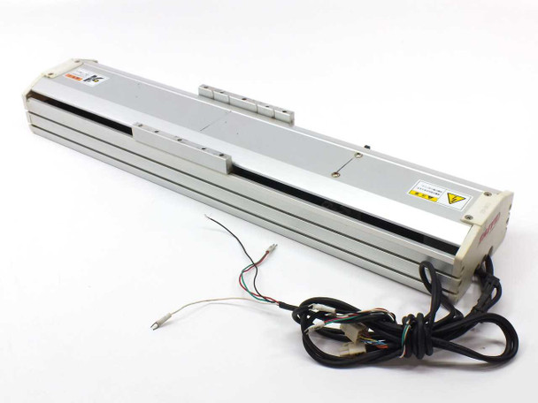 Taiyo XY-5015 linear actuator full right-side view showing rail body, carriage, and attached motor cable harness