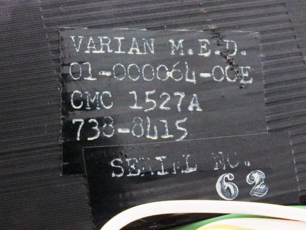 Varian M.E.D. label on transformer showing part number 01-000064-00E, CMC 1527A, 738-8415, and serial number 62