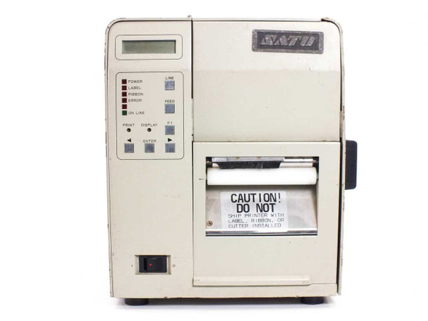 SATO M-8400 Industrial Barcode Label Printer full front view showing overall cosmetic condition with surface wear and SATO logo badge