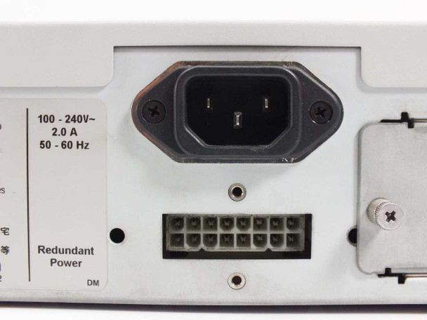 Rear panel closeup showing IEC C14 power inlet rated 100-240V 2.0A 50-60Hz and redundant power supply connector